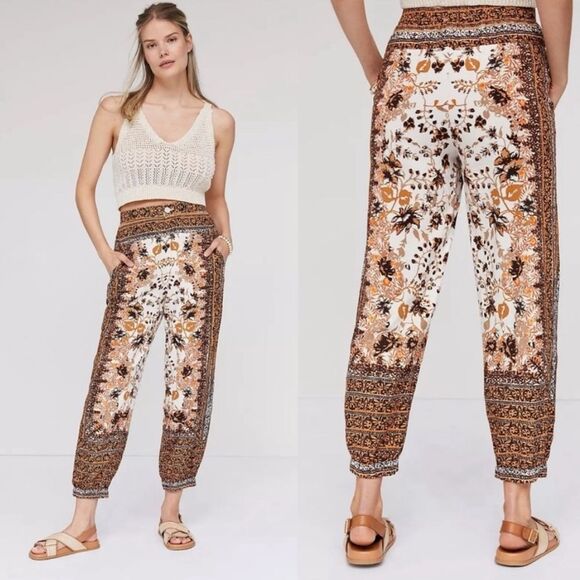 Anthropologie Bohemian Linen Blend Tan and Brown Floral Print Pants Size 26W - Picture 12 of 12